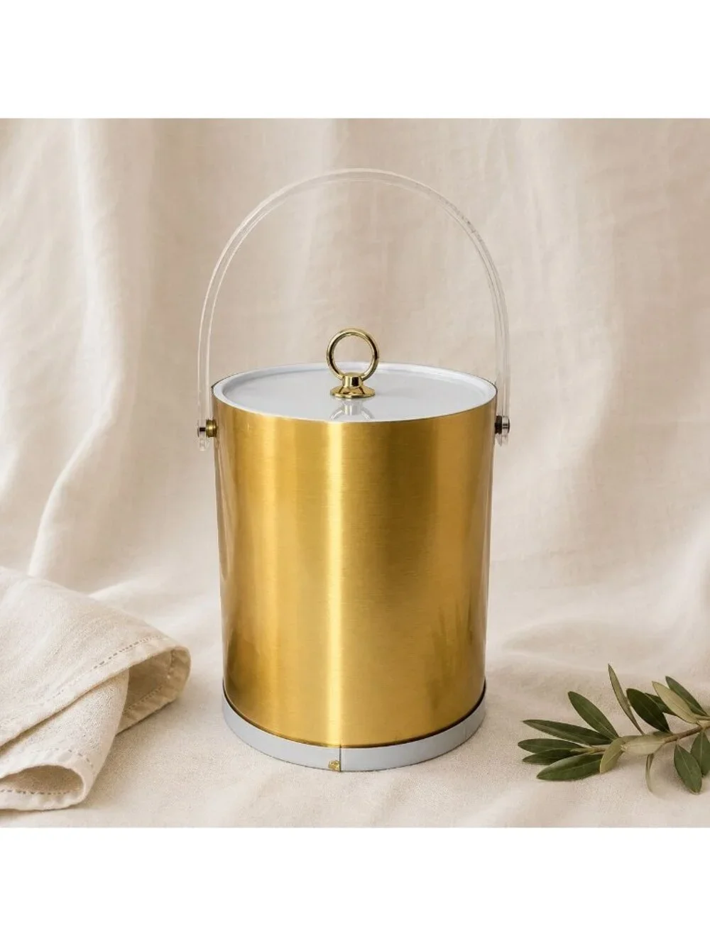 Vintage Culver Gold Ice Bucket Lucite Handle White Tongs Mid Century Barware